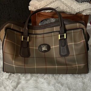 Burberry Tan and Brown Check Duffel Bag